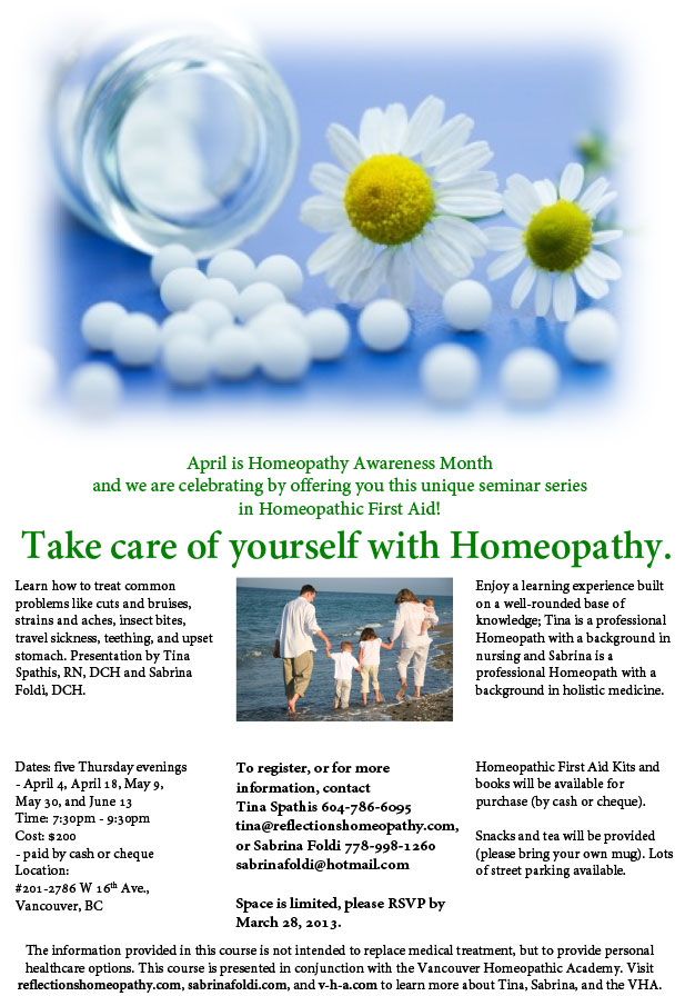 Take care of yourself with Homeopathy – seminar series begins Mar. 28/13